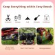 Cushioned rolling garden cart scooter in black and red with under seat storage tray and rear tool pouches for easy.