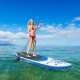 Inflatable 10.6-foot paddle board with adjustable paddle, ideal for water sports, featuring a non-slip deck for.