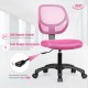 Low-back pink computer task chair with breathable mesh backrest, adjustable height, and 360-degree swivel for comfort.