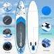 10.6-foot inflatable paddle board with non-slip deck, adjustable paddle, and three fins for stability and speed on.