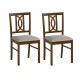 Walnut dining chair with a curved hollowed backrest, faux linen upholstery, and sturdy rubber wood legs for durability.