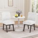 Set of 2 white fabric upholstered dining chairs with padded seats and rubber wood legs, ideal for kitchen or dining.