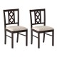 Set of 2 brown rubber wood dining chairs with hollowed backrest and faux linen upholstery for ergonomic comfort.