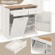 Tall storage cabinet with barn-style doors, adjustable shelves, and built-in power strip for versatile room.