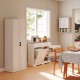 Tall storage cabinet and trash can cabinet in white, featuring adjustable shelves and barn-style doors for versatile.