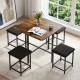 Dining table set with rustic brown finish, featuring 4 upholstered stools and sturdy metal frame for family gatherings.