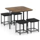 Dining table set with rustic brown top and 4 upholstered stools, featuring a sturdy metal frame for family gatherings.