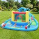 Dinosaur-themed inflatable water slide park showing kids enjoying the splash pool and playing with colorful balls for.