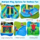 Dinosaur-themed inflatable water slide park featuring double slides, splash pool, and climbing wall for backyard fun.