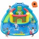 Dinosaur-themed inflatable water slide park with double slides, splash pool, and kids playing for backyard fun.