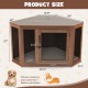 Corner dog kennel in brown with mesh door, cushion, and lockable access, designed for pets and fits in corners.