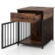 Rustic brown dog crate furniture with a drawer and charging station, ideal for small dogs and as a stylish end table.