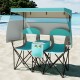 Double beach chair with adjustable canopy in turquoise, featuring three side shades and a central cooler bag for snacks.
