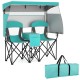 Double beach chair in turquoise with adjustable canopy, 3 side shades, and central cooler bag for outdoor relaxation.