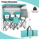 Double beach chair with adjustable canopy in turquoise, featuring 3 side shades and a central cooler bag for outdoor.