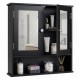Double door wall-mounted bathroom mirror cabinet in black with adjustable shelves and storage for daily items.