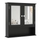 Double door wall-mounted bathroom mirror cabinet in black with storage shelf and adjustable inner shelf for versatile.