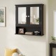 Double door wall-mounted bathroom mirror cabinet in black with storage shelf, featuring adjustable shelves and mirrors.