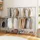 Double rod clothes rack with adjustable height and extendable width, featuring sturdy metal construction and.