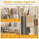 Double rod clothes rack with adjustable height and extendable width, featuring side and bottom bars for versatile.