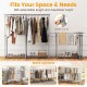 Double rod clothes rack with adjustable height and extendable width, featuring safety locks and smooth-rolling casters.