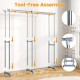 Double rod clothes rack with adjustable height, heavy-duty metal pipes, and tool-free assembly for versatile storage.