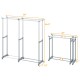 Double rod heavy-duty metal garment rack with adjustable height and extendable width for versatile storage solutions.