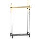 Double rods garment rack in gold and black with side hooks and bottom shelf, ideal for stylish clothing storage.