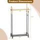 Double rods garment rack in gold and black with dimensions, featuring hooks and a bottom shelf for storage.