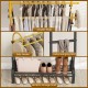 Double rods garment rack in gold and black with side hooks and bottom shelf, ideal for bedroom or entryway storage.