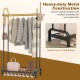 Double rods garment rack in gold and black with side hooks and bottom shelf, perfect for stylish storage in entryways.