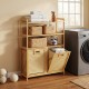 Double tilt-out laundry hamper with natural bamboo frame, three shelves, and two removable baskets for easy sorting.