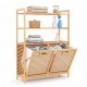 Double tilt-out laundry hamper with two removable fabric baskets and three open shelves, perfect for organized laundry storage.