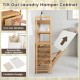 Double tilt-out laundry hamper cabinet with natural bamboo frame, featuring 3 shelves and 2 removable fabric baskets for easy sorting.