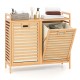 Double tilt-out laundry hamper with natural bamboo finish, featuring two removable bins and a top storage shelf for.
