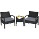 Three-piece outdoor rattan patio conversation set with gray cushions and a tempered glass table, perfect for backyard.