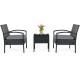 Three-piece outdoor rattan patio conversation set with gray cushions, featuring a tempered glass table, ideal for.
