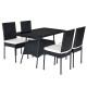 Tabletop close-up of the 5-piece outdoor patio dining set, featuring a smooth tempered glass surface and sturdy rattan.