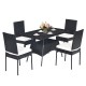 5-piece outdoor patio rattan dining set with glass top and cushions, perfect for family gatherings and outdoor use.