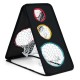 Dual-sided golf chipping net with five target holes for accurate practice, featuring a reinforced triangular frame.