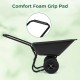 Dual-wheel wheelbarrow with a black PP bin and comfort foam grip pad, ideal for transporting garden materials.