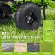 10" large pneumatic tires on a dual-wheel wheelbarrow, designed for easy maneuverability on all terrains.