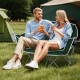 Duo camping chair in green, featuring armrests and cup holders, perfect for outdoor relaxation at parks or beaches.