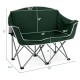 Green oversized camping loveseat with a comfortable backrest and mesh cup holders, designed for lakeside or park use.
