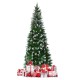 Artificial pencil Christmas tree with flocked snow design and pine cones, surrounded by festive red and white gifts.