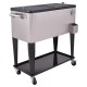 Stainless steel 80 quart patio rolling ice beverage cooler with locking casters and bottom shelf for easy mobility.