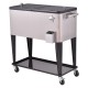 Stainless steel 80 quart patio rolling ice beverage cooler with locking casters and dual access lids for easy drink.