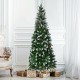 Artificial pencil Christmas tree with flocked snow design and pine cones, perfect for festive indoor or outdoor.