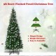 5ft snow flocked pencil Christmas tree with pine cones, featuring a hinged design for easy assembly and a slim profile.