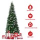 Artificial pencil Christmas tree with flocked snow design, 21 pinecones, and sturdy metal stand for indoor or outdoor.